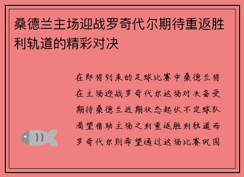 桑德兰主场迎战罗奇代尔期待重返胜利轨道的精彩对决