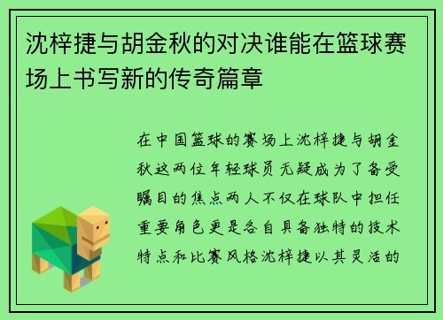 沈梓捷与胡金秋的对决谁能在篮球赛场上书写新的传奇篇章